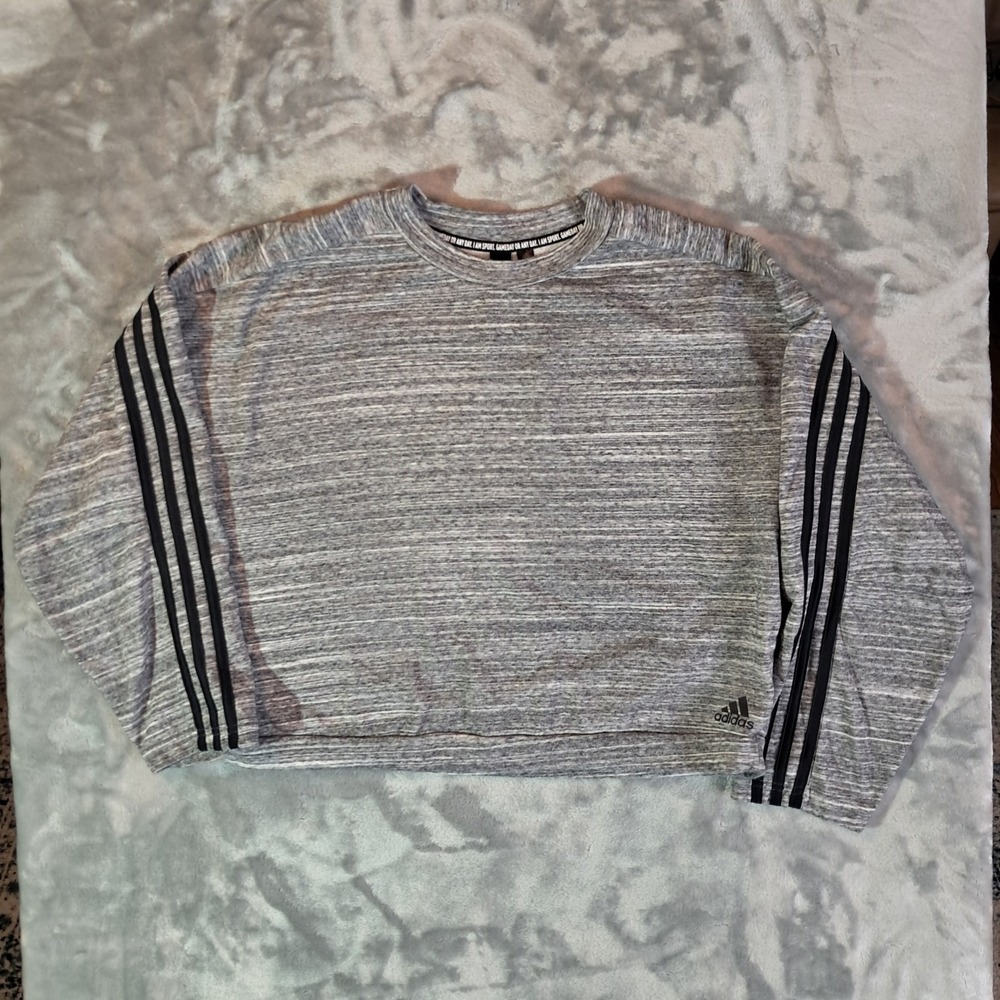Adidas Sweatshirt Womens Size XL Gray Black Stripe Crewneck Cropped Pullover